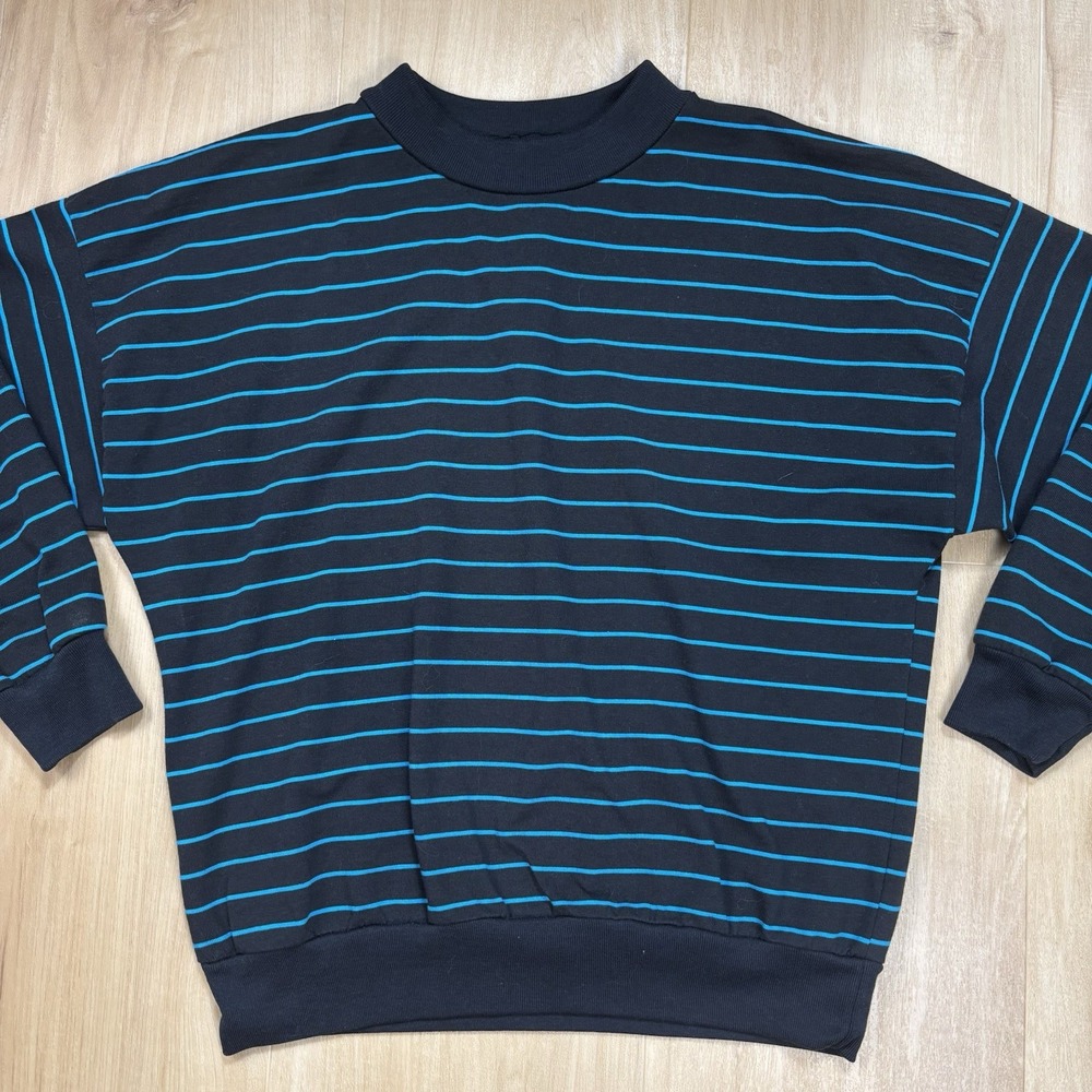 Vintage Striped Long Sleeve Petite Large Preppy USA Grandma 80s Black Blue